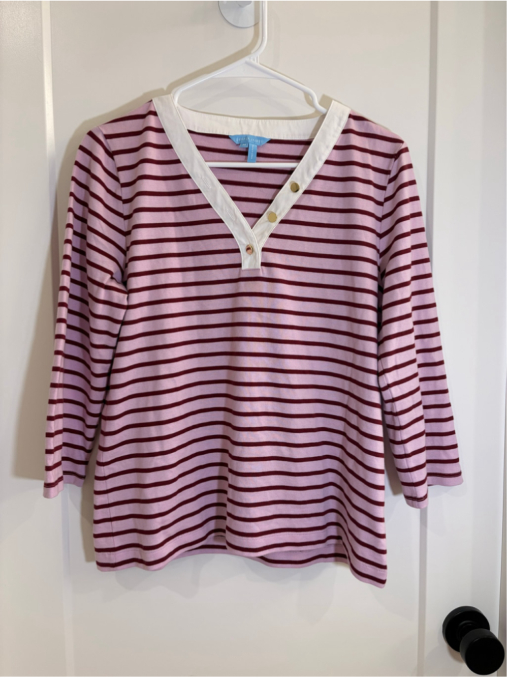 Draper James Pink & Burgundy Striped Cotton Knit V-Neck Top Size M EUC